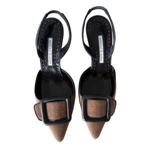 MANOLO BLAHNIK Brown Wool & Black Leather Buckle Mayslibi Heels EU 37 US 7 Shoes